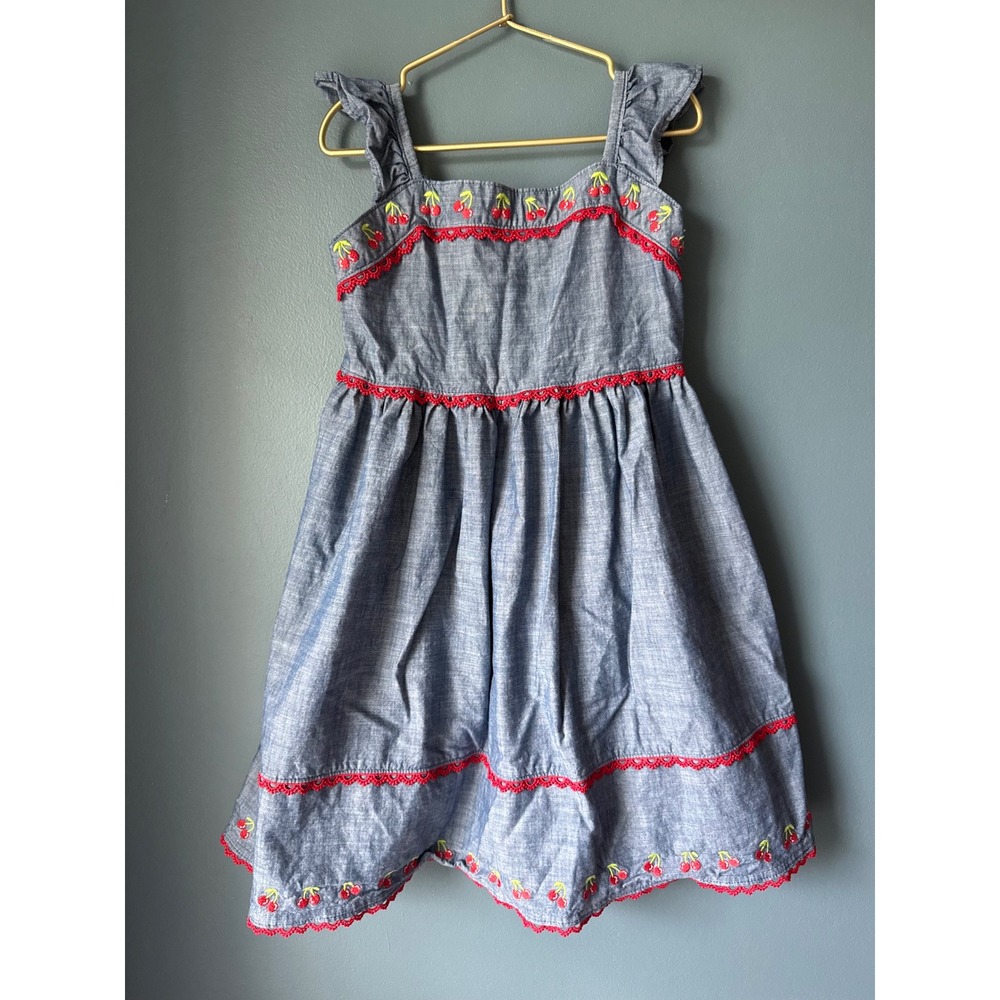 Gymboree Girls‎ Blue Chambray Cherry Embroidered Dress Red Lace